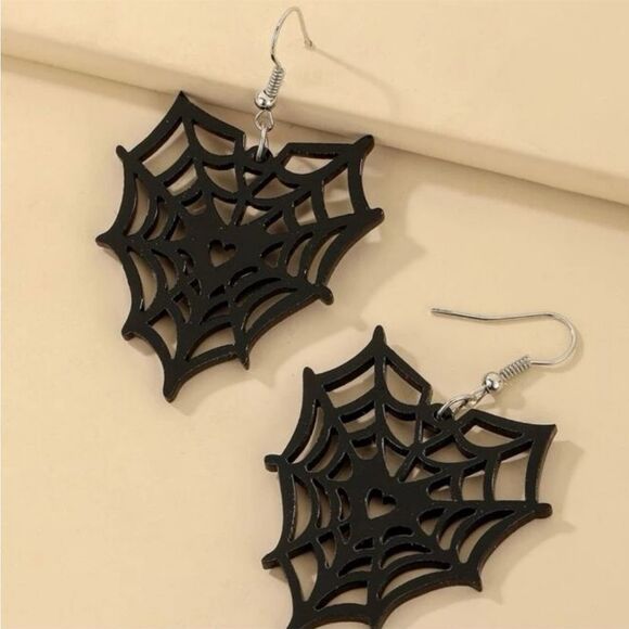 Black & Silver Spiderweb Halloween Earrings - Picture 2 of 3